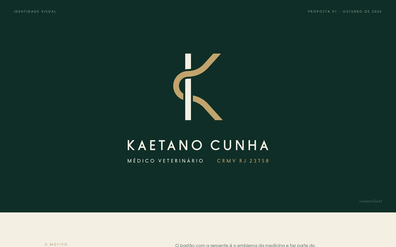 Primeira página da apresentação de marca de Kaetano Cunha, com o logotipo sobre verde.