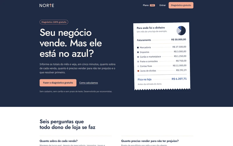 Primeira tela do site do Norte: título, botão do diagnóstico e um cupom com as contas de uma loja.